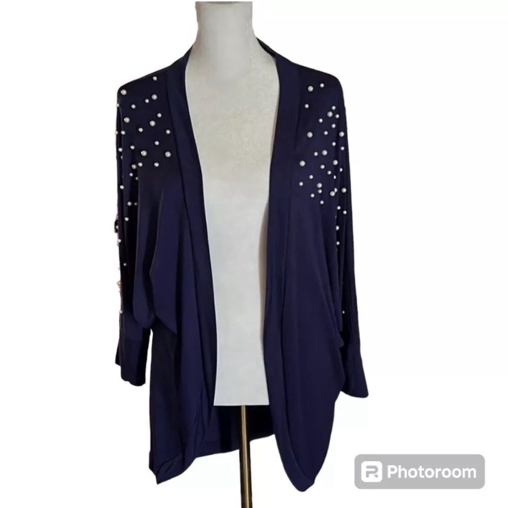 Alina's Exclusives Faux Pearl Studded Open Front Blue Cardigan Size S/M